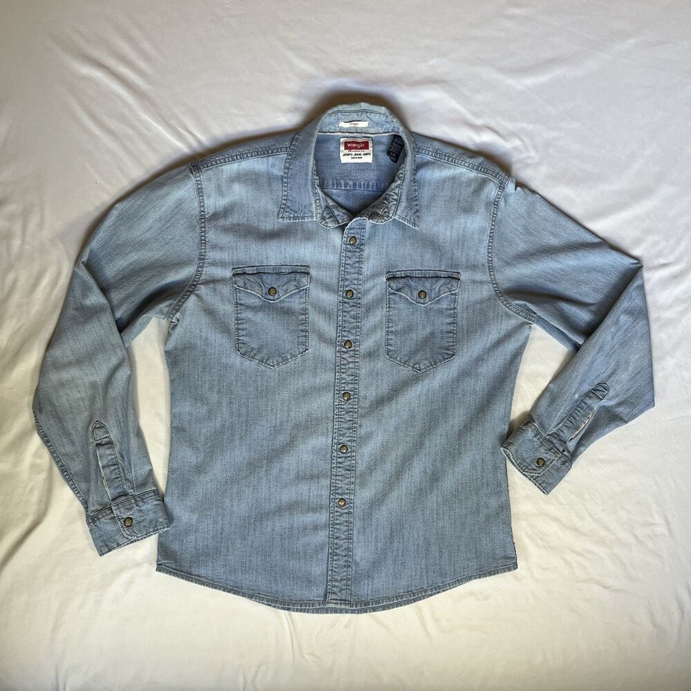 Wrangler Shirt Mens Size L Blue Denim Pearl Snap Indigo Western Cowboy Stretch